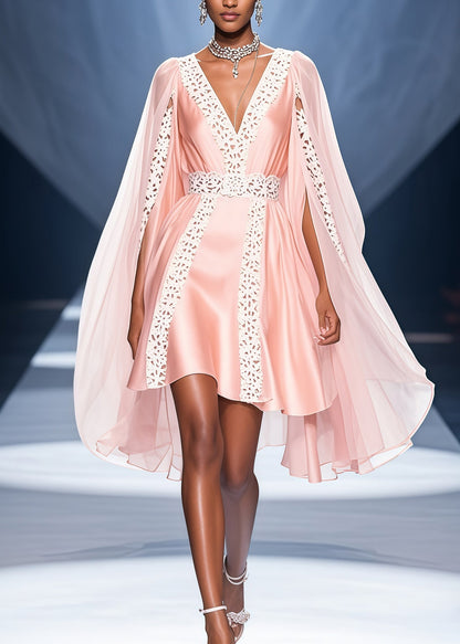 Pink V Neck Lace Patchwork Cloak Silk Party Dress Summer