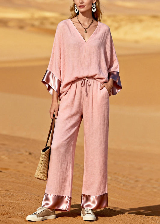 Pink V Neck Patchwork Cotton Two Pieces Set Spring