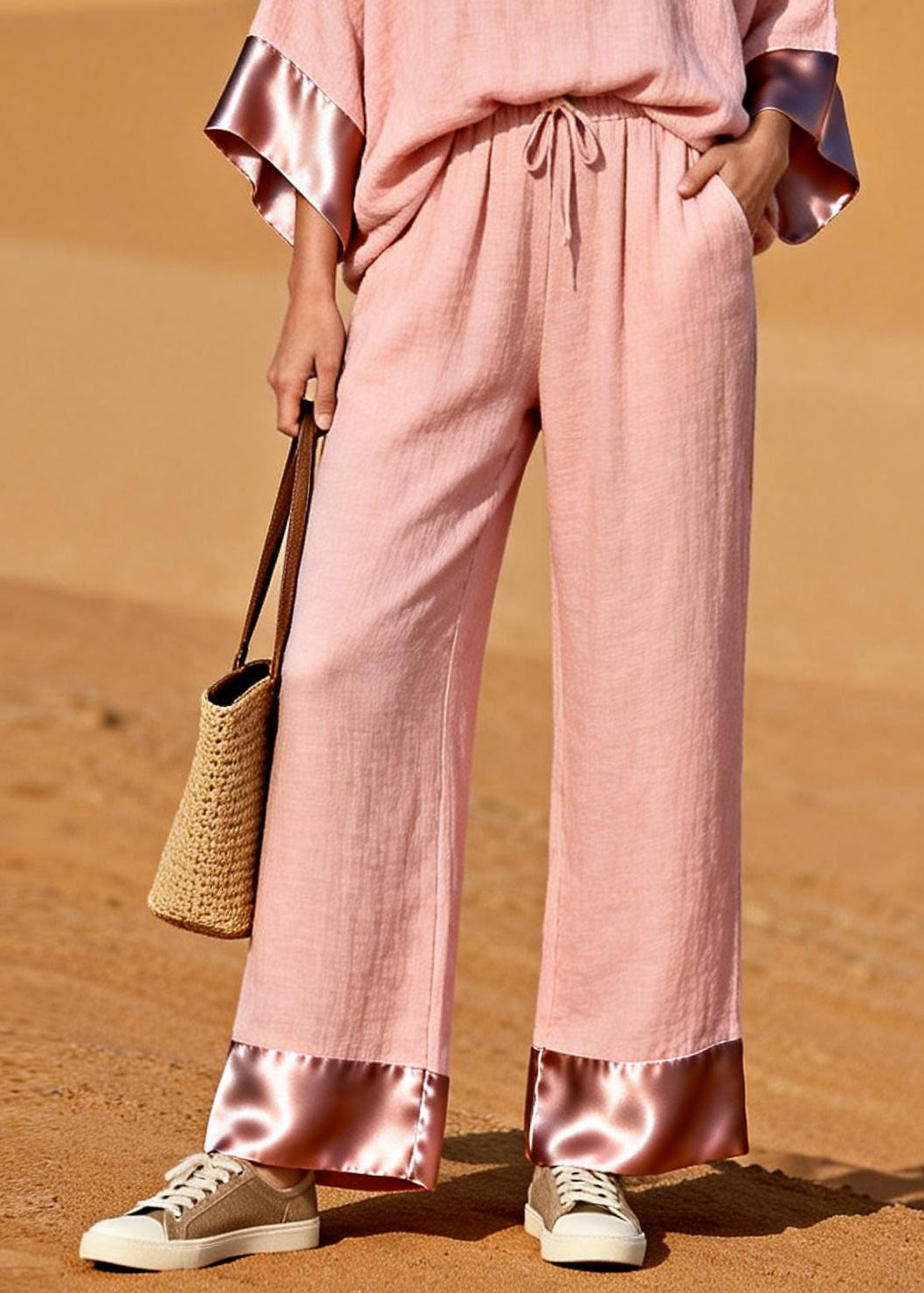Pink V Neck Patchwork Cotton Two Pieces Set Spring