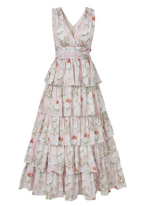 Pink V Neck Print Chiffon Long Dresses Sleeveless