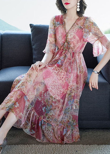 Pink V Neck Print Chiffon Long Dresses Summer