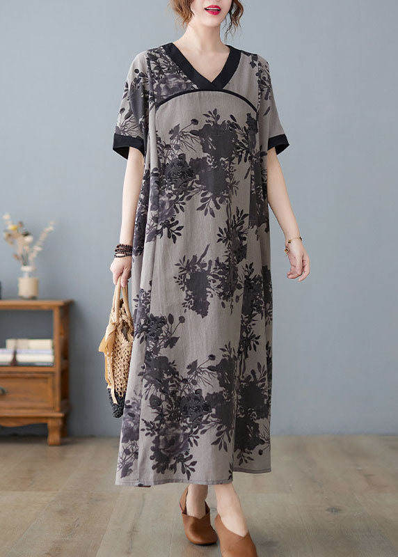 Pink V Neck Print Cotton Linen a Line Dress Short Sleeve
