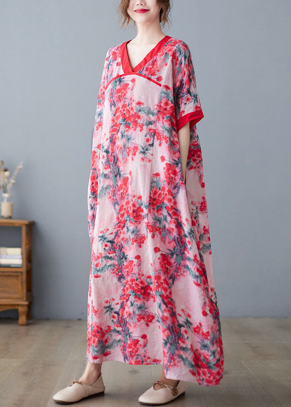 Pink V Neck Print Cotton Linen a Line Dress Short Sleeve