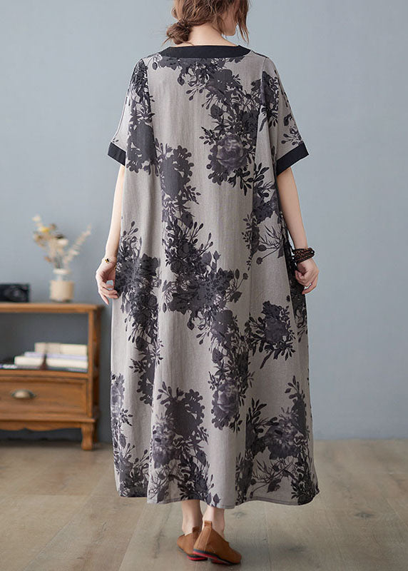 Pink V Neck Print Cotton Linen a Line Dress Short Sleeve