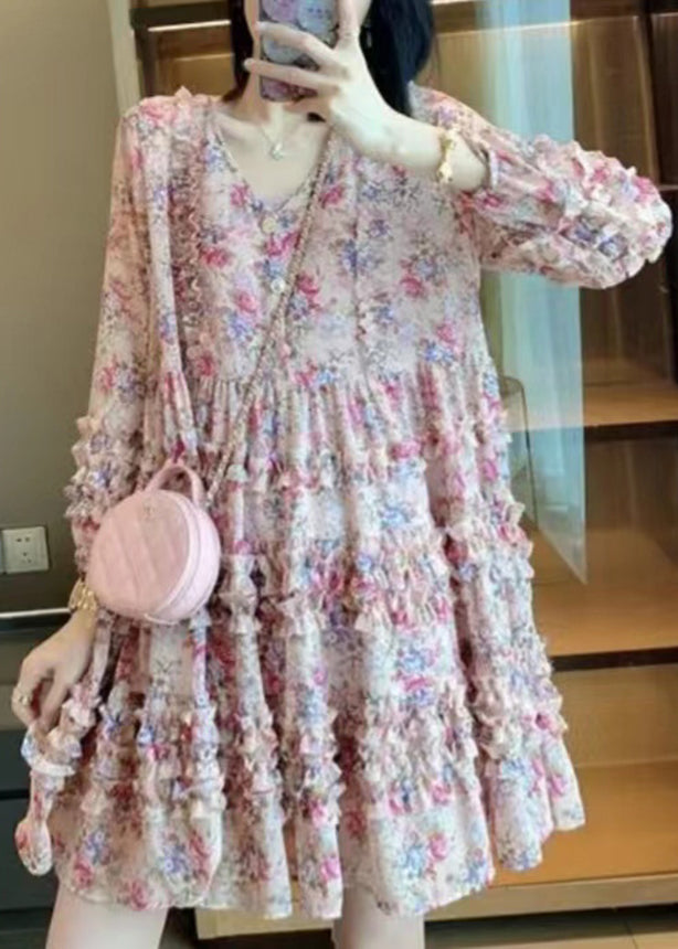 Pink V Neck Print Patchwork Ruffled Mid Dress Long Sleeve