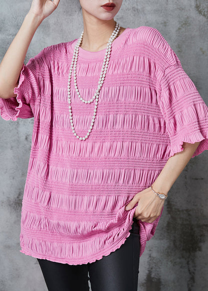 Pink Wrinkled Cotton Tanks Half Sleeve