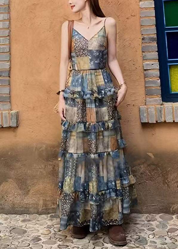 Plaid Print Ruffled Patchwork Cotton Spaghetti Strap Dress Sleeveless