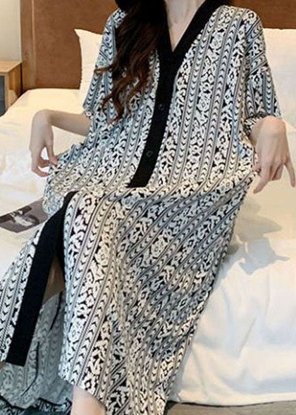 Plaid V Neck Patchwork Cotton Pajamas Dress Summer