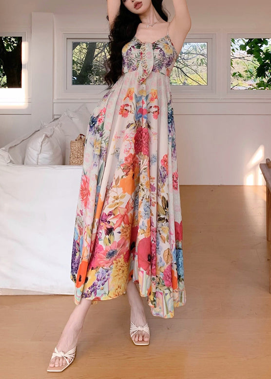 Print High Waist Cotton Spaghetti Strap Dress Sleeveless