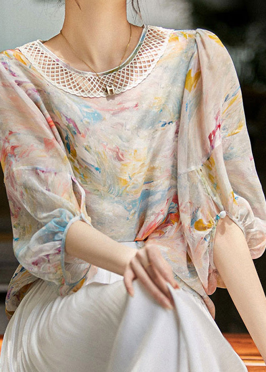 Print Hollow Out Silk Shirts Long Sleeve