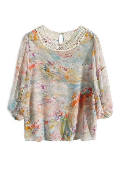 Print Hollow Out Silk Shirts Long Sleeve