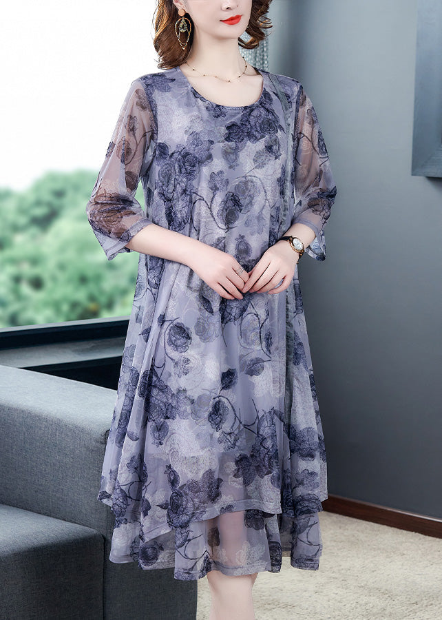 Print Layered Silk Maxi Dresses Bracelet Sleeve