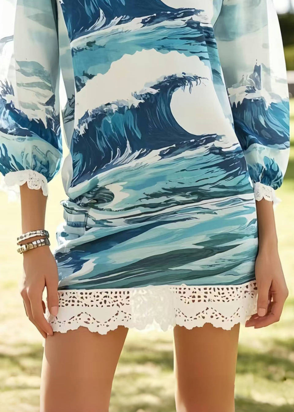 Print Patchwork Lace Chiffon Vacation Dress Summer
