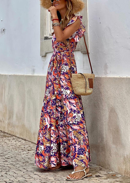 Print Tie Waist Cotton Long Dress Sleeveless