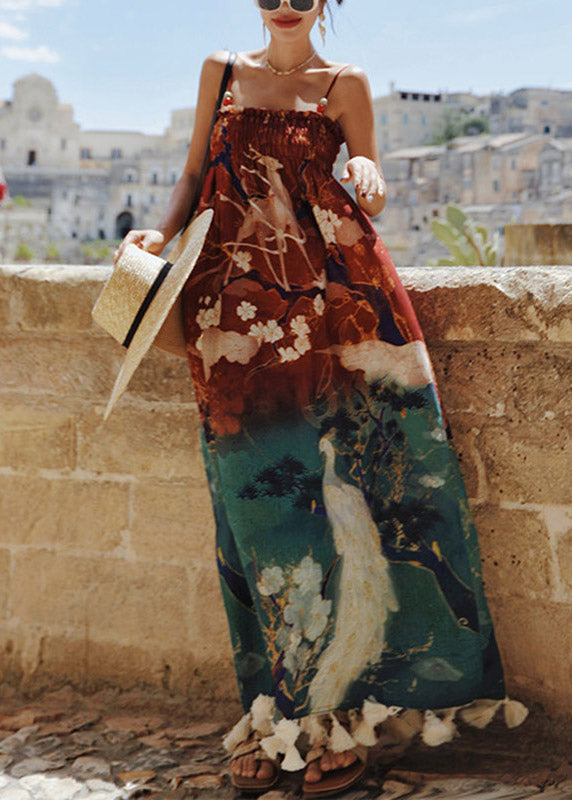 Print Wrinkled Long Spaghetti Strap Dress Sleeveless