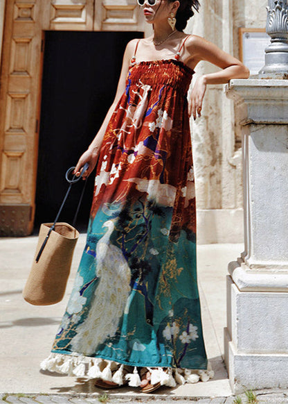 Print Wrinkled Long Spaghetti Strap Dress Sleeveless