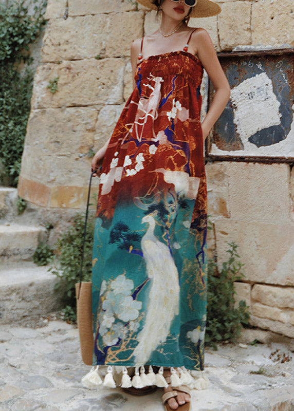 Print Wrinkled Long Spaghetti Strap Dress Sleeveless