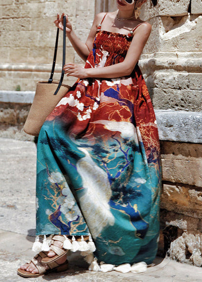 Print Wrinkled Long Spaghetti Strap Dress Sleeveless