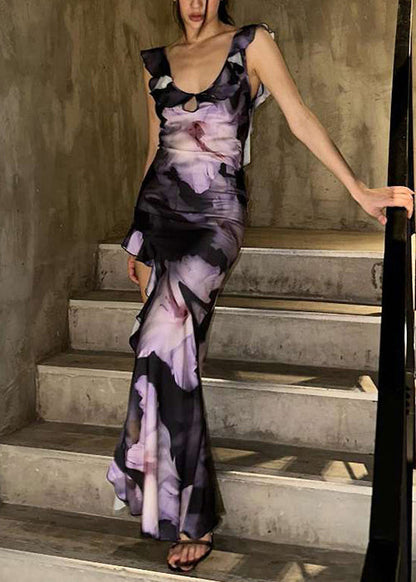 Purple Asymmetrical Ruffled Cotton Long Dress Sleeveless