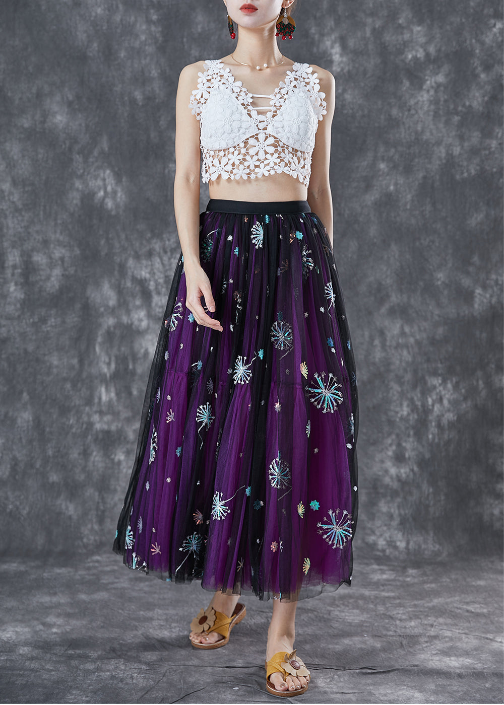 Purple Dandelion Embroideried Wear on Both Sides Tulle Skirt Summer