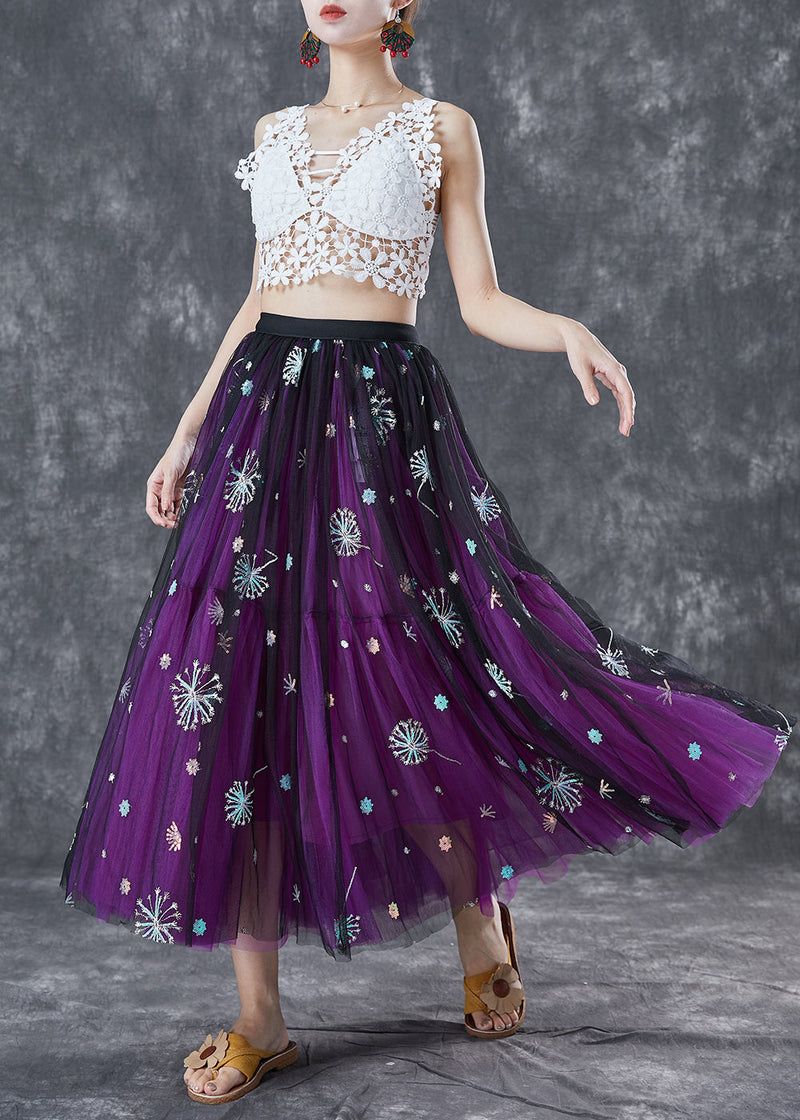 Purple Dandelion Embroideried Wear on Both Sides Tulle Skirt Summer
