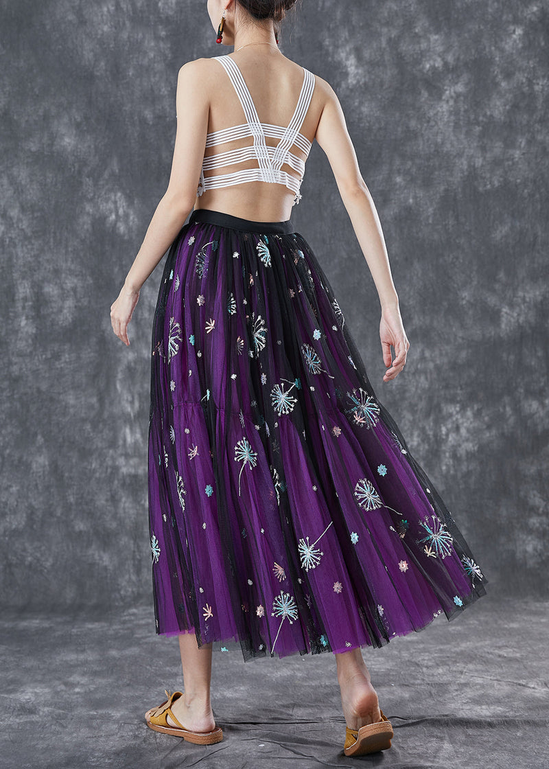 Purple Dandelion Embroideried Wear on Both Sides Tulle Skirt Summer