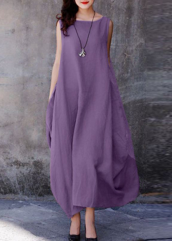Purple O-neck Exra Large Hem Cotton Dresses Sleeveless