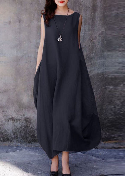 Black Polka Dots O-neck Exra Large Hem Cotton Dresses Sleeveless
