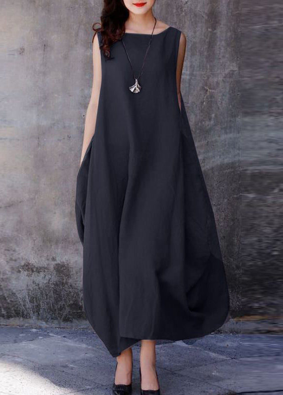 Black Spliced Polka Dots O-neck Exra Large Hem Cotton Dresses Sleeveless