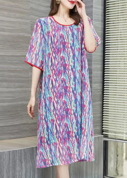 Purple O Neck Print Patchwork Chiffon Dresses Summer