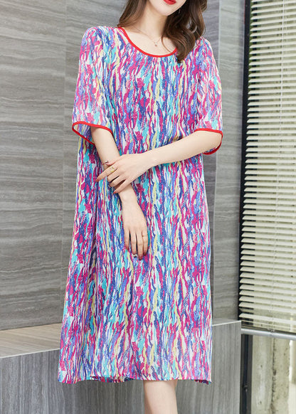 Purple O Neck Print Patchwork Chiffon Dresses Summer