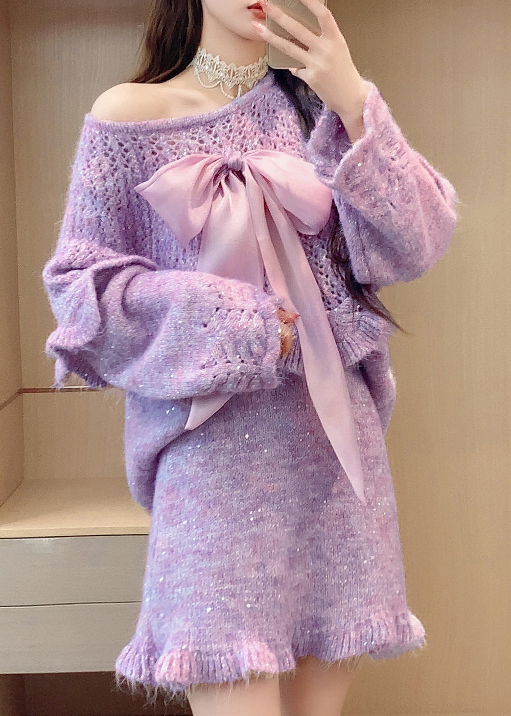 Purple Ruffled Bow Knit Two Pieces Set Spring