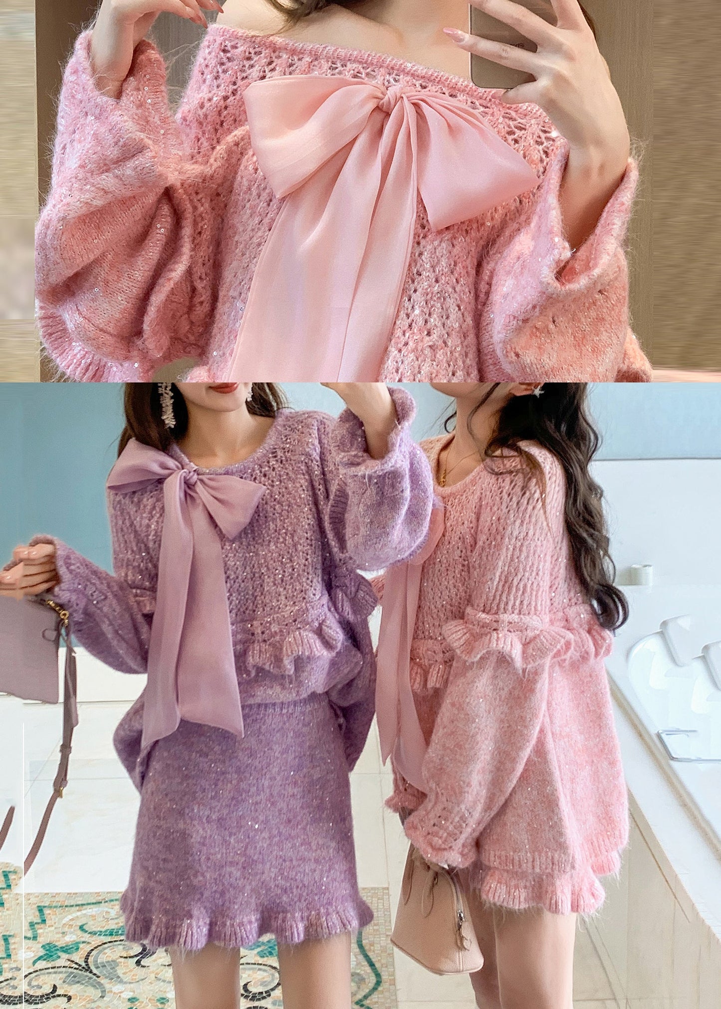 Purple Ruffled Bow Knit Two Pieces Set Spring