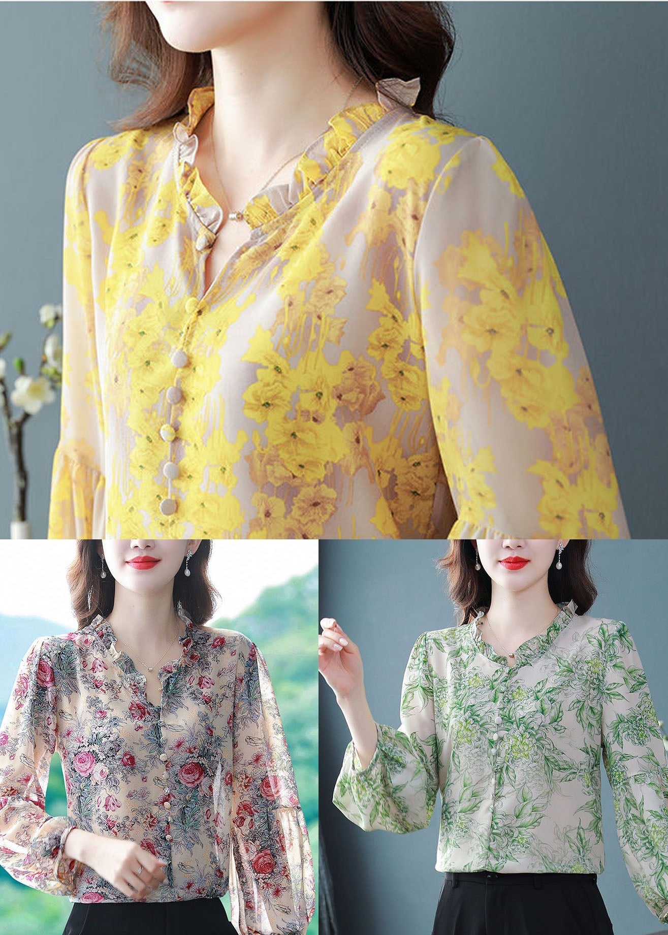 Purple Ruffled Print Chiffon Shirts Spring