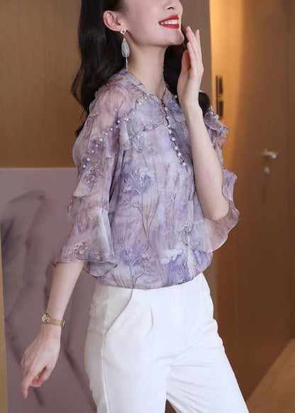 Purple Ruffled Print Nail Bead Chiffon Shirt Top Spring