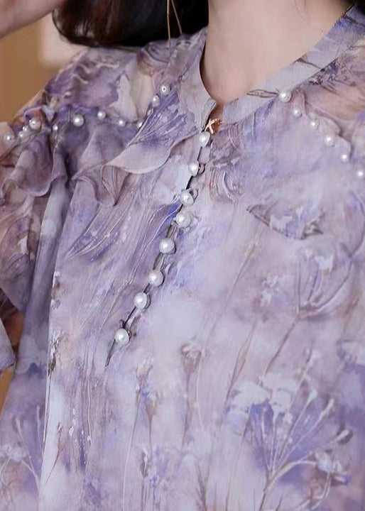 Purple Ruffled Print Nail Bead Chiffon Shirt Top Spring