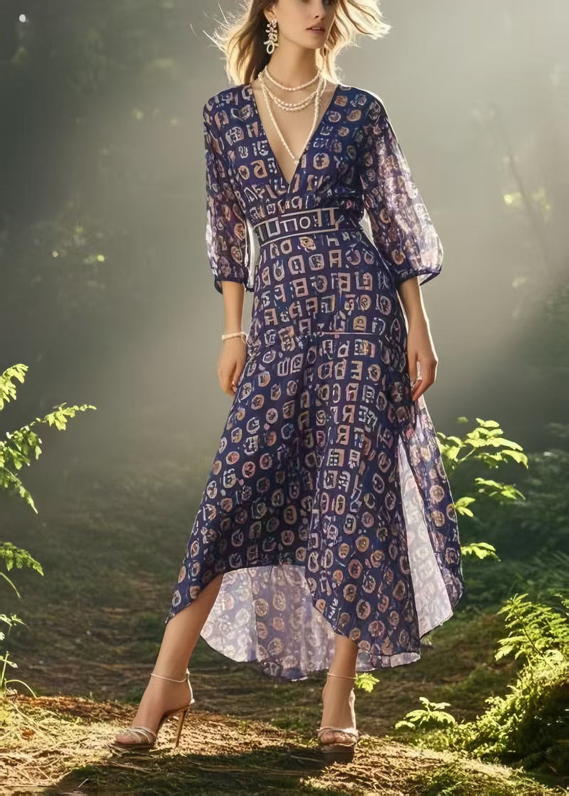 Purple V Neck Print Chiffon Mid Dress Bracelet Sleeve