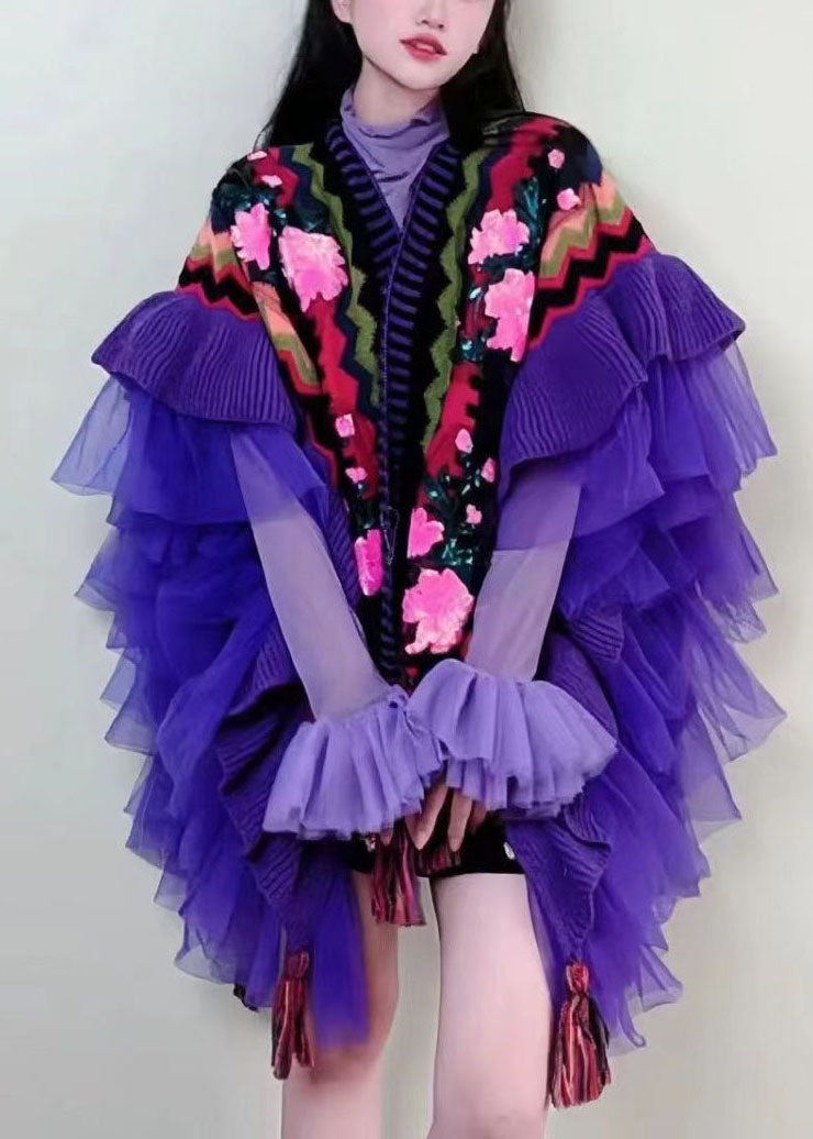 Purple V Neck Tulle Patchwork Embroidered Knit Cape Long Sleeve
