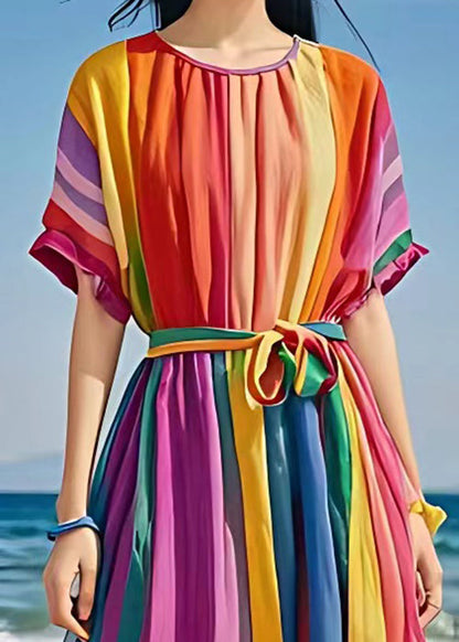 Rainbow O Neck Tie Waist Holiday Dress Summer