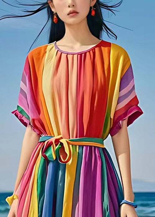 Rainbow O Neck Tie Waist Holiday Dress Summer