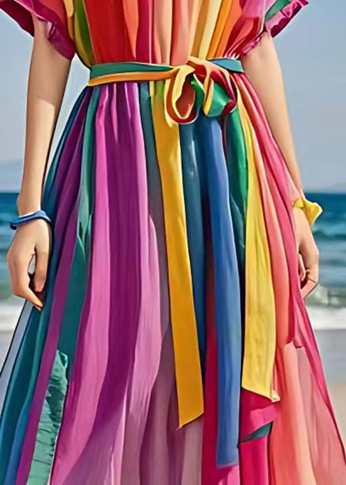 Rainbow O Neck Tie Waist Holiday Dress Summer