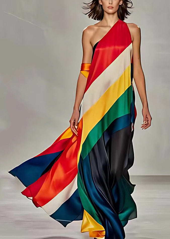 Rainbow Striped Cold Shoulder Silk Maxi Dress Sleeveless