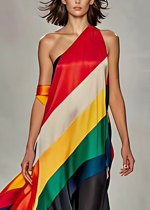 Rainbow Striped Cold Shoulder Silk Maxi Dress Sleeveless