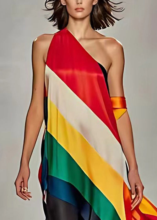 Rainbow Striped Cold Shoulder Silk Maxi Dress Sleeveless