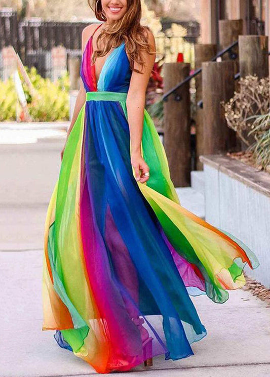 Rainbow V Neck Backless Chiffon Spaghetti Strap Dress Sleeveless