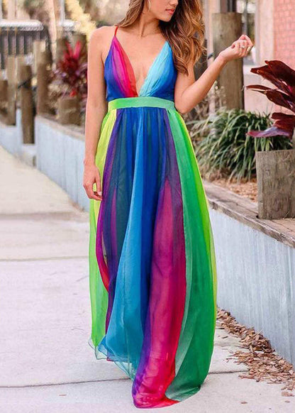 Rainbow V Neck Backless Chiffon Spaghetti Strap Dress Sleeveless