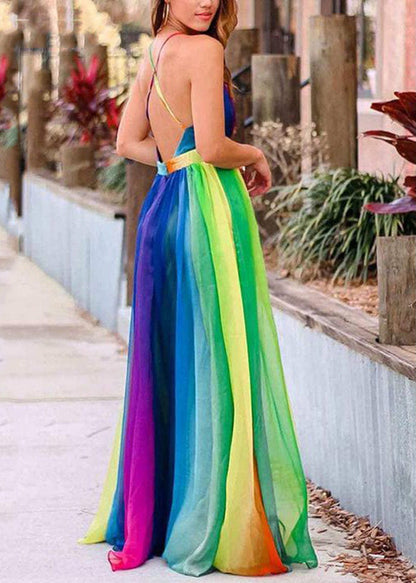 Rainbow V Neck Backless Chiffon Spaghetti Strap Dress Sleeveless
