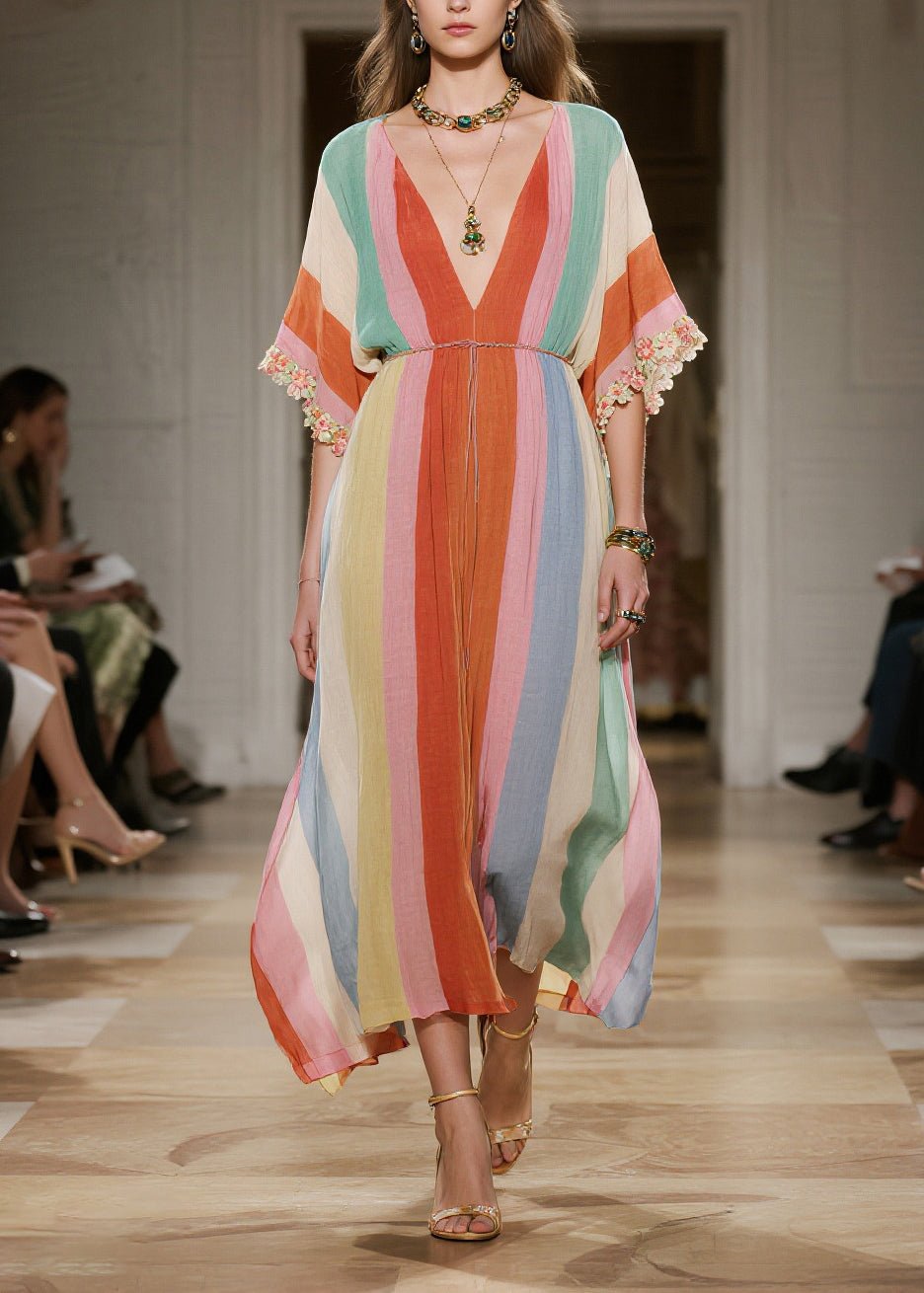 Rainbow V Neck Striped Cotton Maxi Dresses Summer