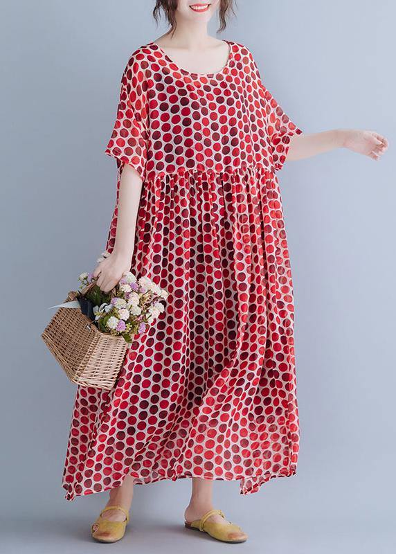 Red Dotted O Neck Cinched Long Summer Dresses