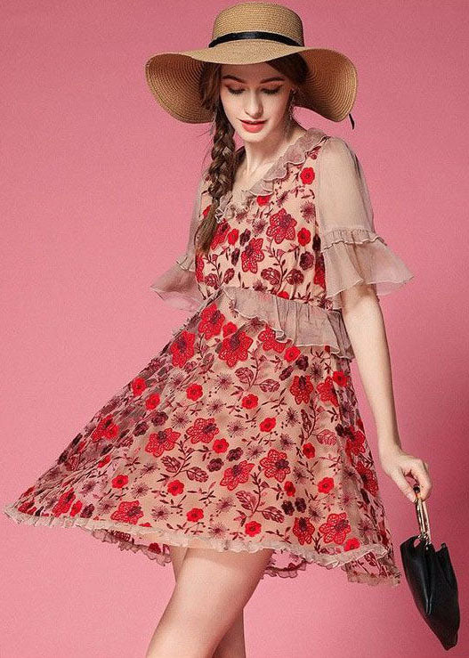 Red Embroideried Patchwork Tulle Vacation Dress Short Sleeve
